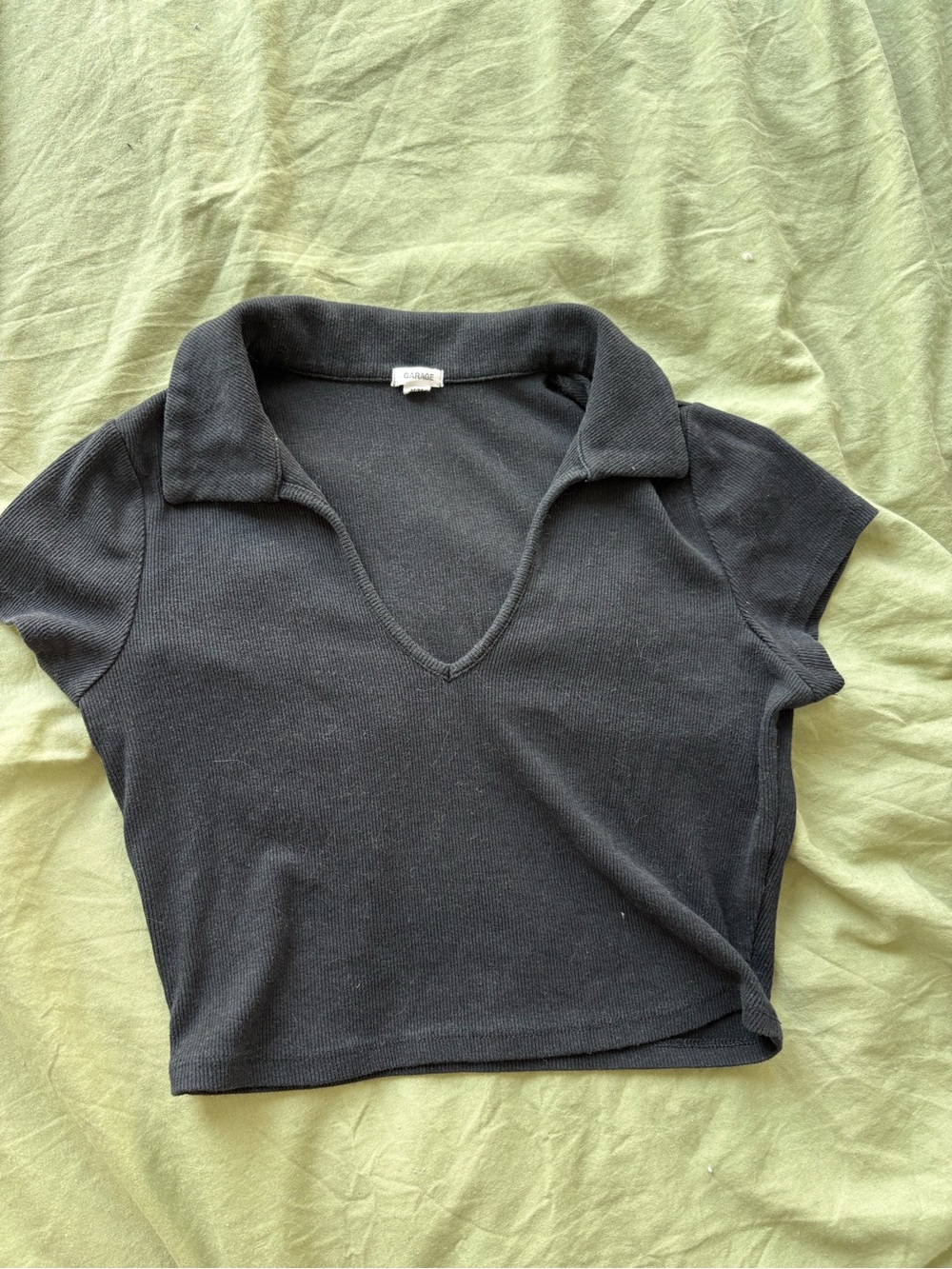 Garage Black Collared V-Neck Ribbed Crop Top
